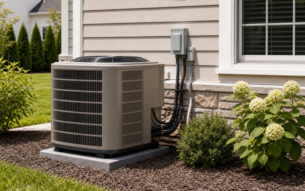 Outdoor residential HVAC condenser installed beside a home.