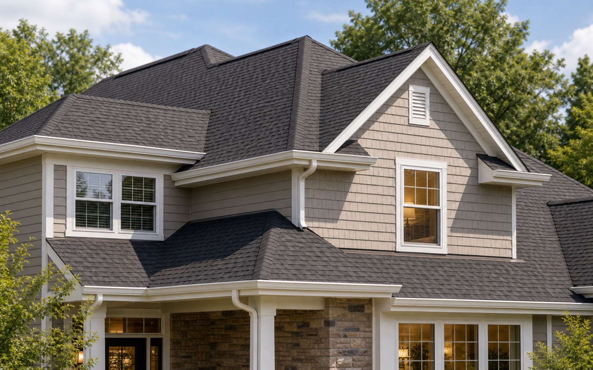 Residential roofline with architectural shingles and clean gutters.