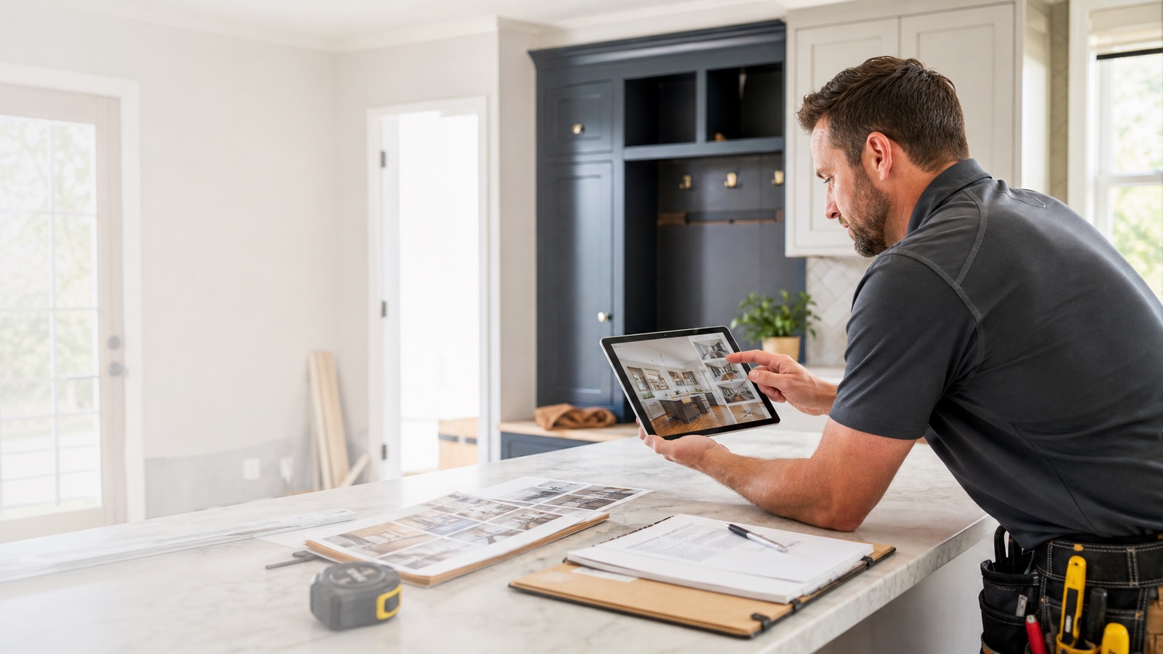 Contractor reviewing home project photos for a premium profile.
