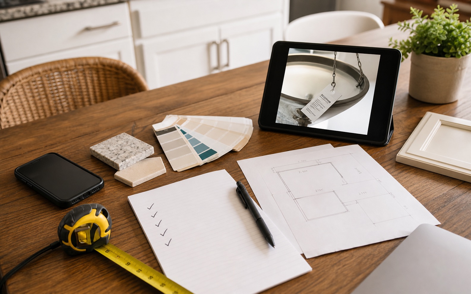 Homeowner preparing photos, measurements, samples, and notes for an estimate call.